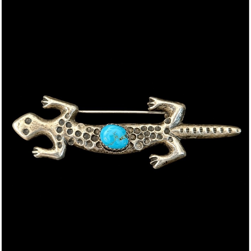 Vintage Sterling Silver Turquoise Lizard Brooch Southwestern Native American Pin
